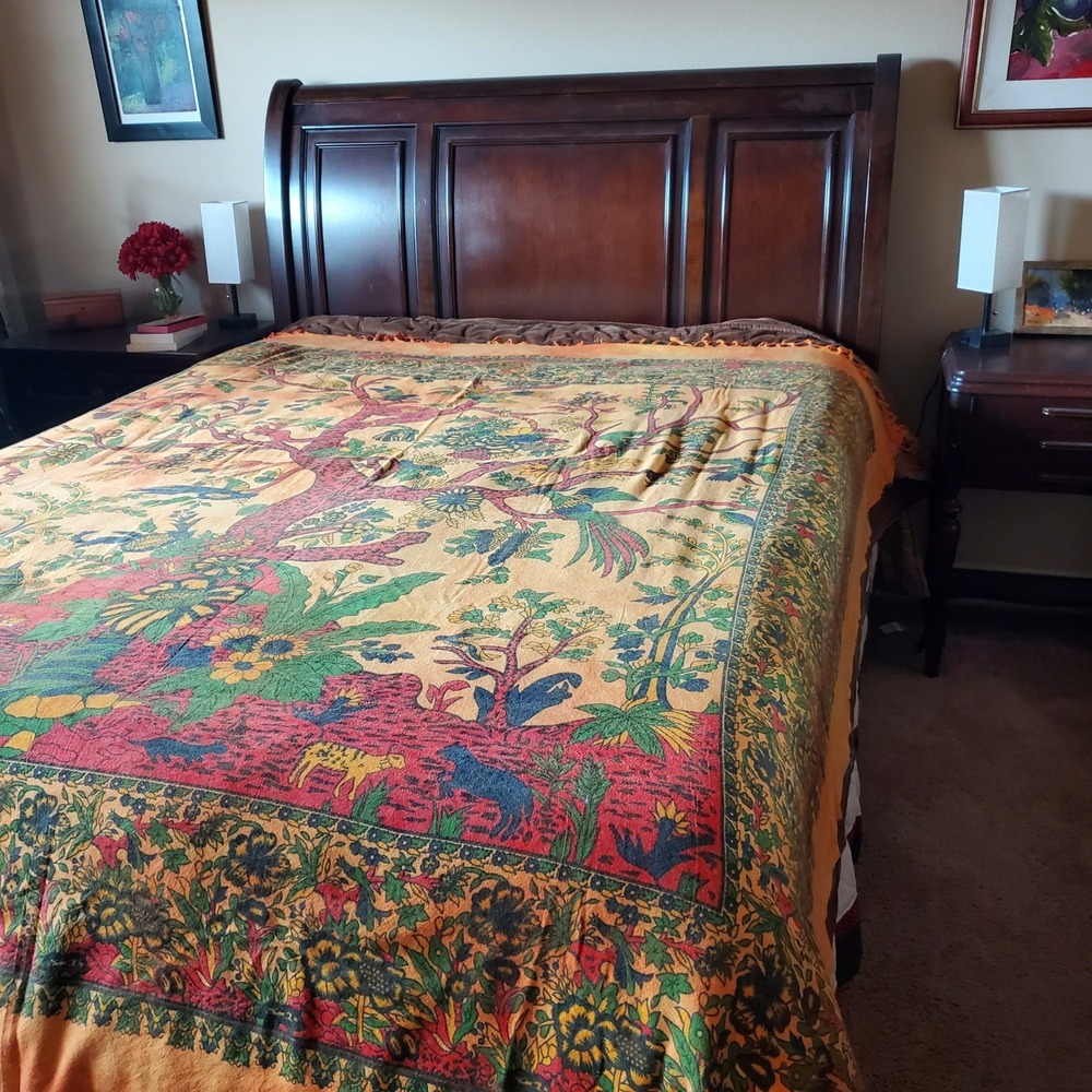 India Arts Tree of Life Powerloom Bedspread woven Cotton hand dyed Orange *flaws